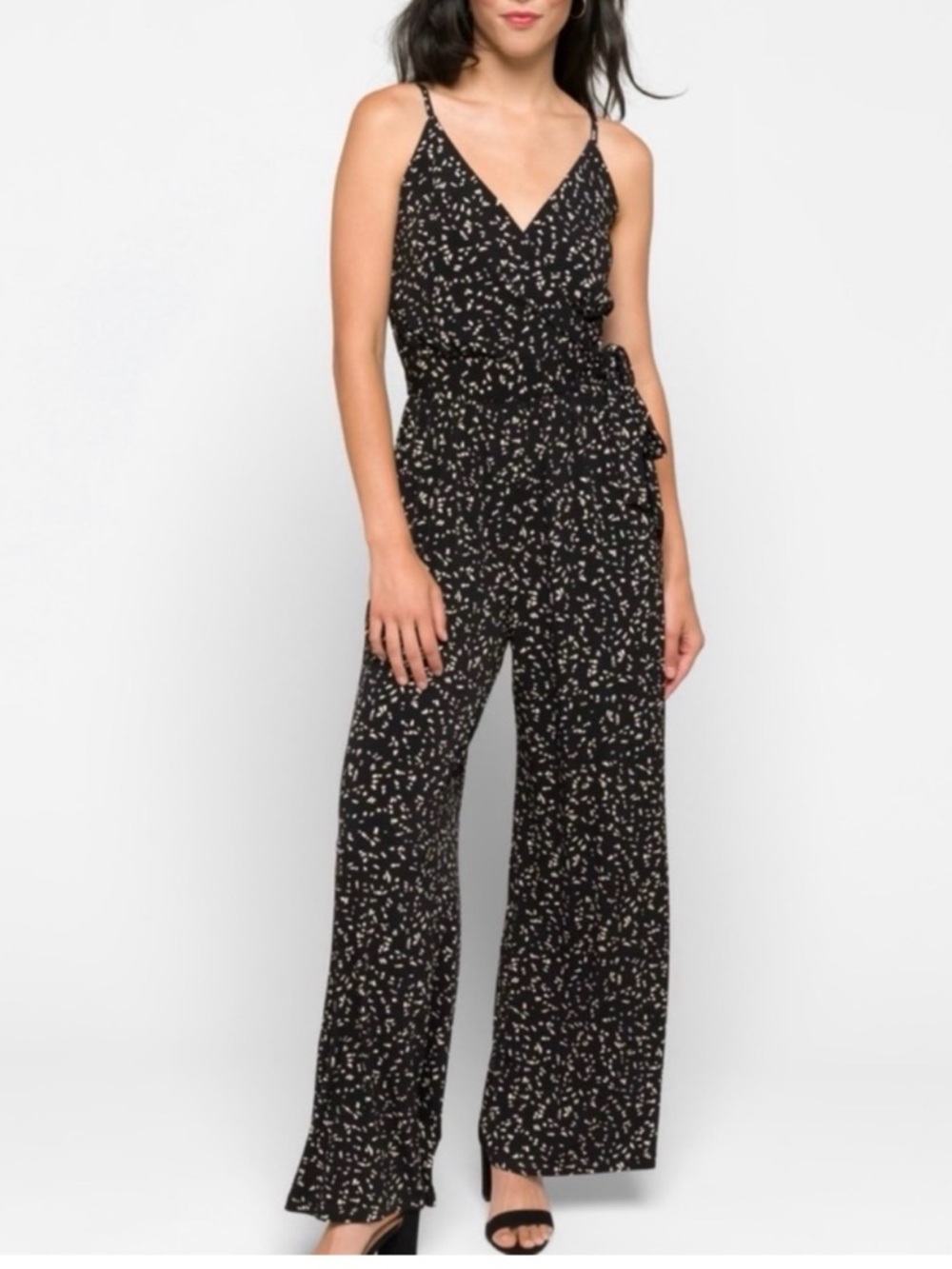 Kaileigh Black Printed Wide-Leg Spaghetti-Strap Jumpsuit